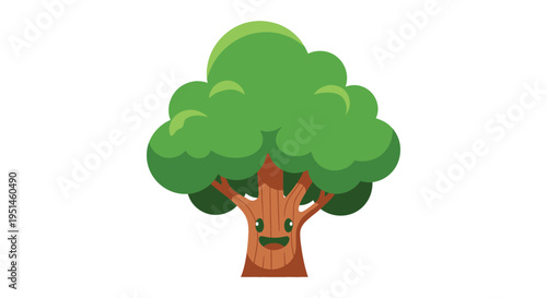 A cheerful cartoon tree with a smiling face and full green foliage is depicted in a flat silhouette high quality professional