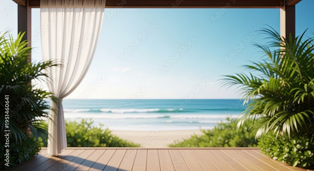 Fototapeta premium Serene beachside oasis with lush greenery and tranquil ocean waves