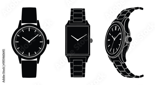 A collection of three wristwatches displayed in a stark minimalist style presented as a silhouette high quality professional detailed modern elegant