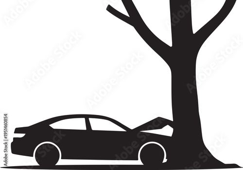 Black car crashed into tree accident vehicle