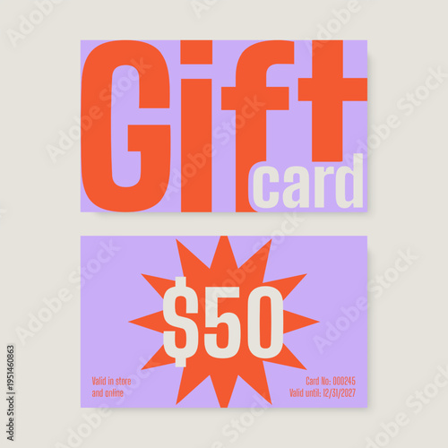 Modern gift card template with bold typography and discount value for shopping promotion.