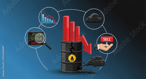 Oil Price Decline - Barrel with Falling Graph and Economic Indicators.