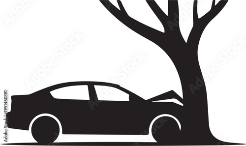 Black car crashed into tree silhouette accident vehicle