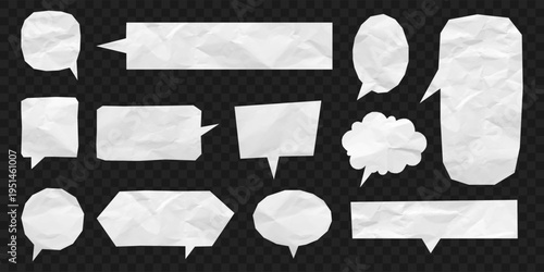Speech bubbles made from crumpled paper texture. Different shapes speech bubble cut out from white crumpled paper on transparent background. Wrinkled empty communication bubbles. Vector.
