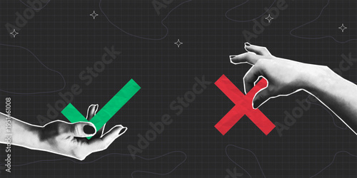Collage halftone hands holding a green check mark and red cross. Collage design of choice, agreement and disagreement concept with checkmark and cross made from crumpled paper texture. Vector