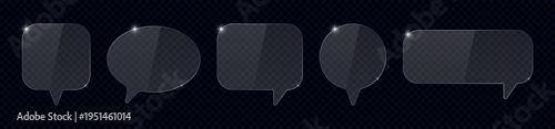 Glass speech bubbles on transparent background. Set of glass communication bubbles or chat icons. Acrylic or plexiglass blank template of quick tips or message box with light reflections. Vector