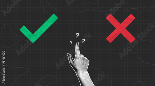 Collage halftone hand chooses between a green check mark and red cross. Collage design of choice, agreement and disagreement concept with checkmark and cross made from crumpled paper texture. Vector