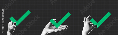 Collage halftone hands holding green check mark made from crumpled paper texture. People give checkmark in hand. Collage design, concept of feedback and approved. Vector.