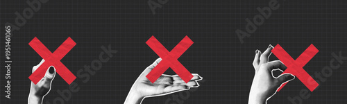 Collage halftone hands holding red cross made from crumpled paper texture. People give cross in hand. Collage design, concept of feedback and reject. Vector.