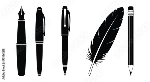 A collection of black writing instruments including pens a feather and a pencil presented as a silhouette high quality professional detailed