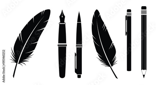 A collection of writing tools including pens and feathers displayed in a stark black silhouette high quality professional detailed modern elegant