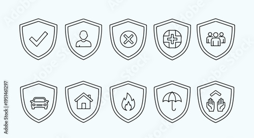 A set of black and white line icons depicting various security and protection symbols on shields against a clean white background.