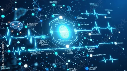 Biometric authentication fingerprint patient analytics system electronic health records digital real time monitoring AI diagnostics clinical research futuristic medical data network visualization
