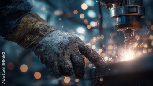 Skilled Worker Operates CNC Machine, Creating Sparks as Metal is Precision Cut in Workshop