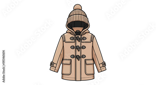 A fashion illustration of a tan duffel coat with a hooded design showcasing winter outerwear style silhouette high quality professional