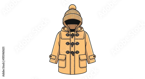 A detailed illustration of a tan duffle coat with a hooded silhouette showcasing classic outerwear design high quality professional modern elegant