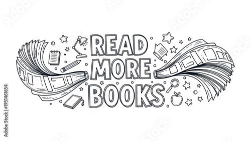 Embracing Literacy: A line art composition inspires a love for reading with the motivational message 'Read More Books,' enhanced with illustrative elements symbolizing knowledge and discovery.