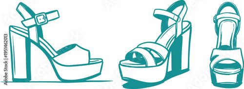 High Heel Sandal Vector Set, Hand Drawn Women Shoe Clipart Design, Fashion Footwear Line Art Illustration Collection.