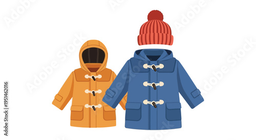Two colorful winter coats one orange and one blue are displayed against a white background silhouette high quality professional detailed modern