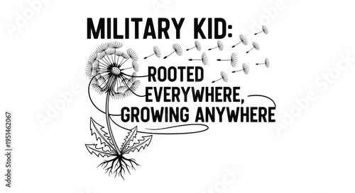 black and white drawing of a dandelion with a quote about military kids being rooted everywhere and