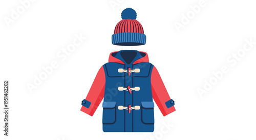 Colorful winter clothing including a beanie and a duffle coat are displayed as a flat graphic silhouette high quality professional detailed