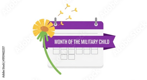 Month of the Military Child celebration with purple calendar and yellow flower on white background w