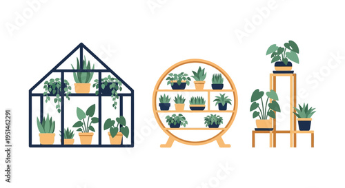 Three geometric plant displays featuring various potted greenery and climbing vines a modern botanical illustration silhouette high quality professional detailed elegant