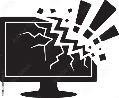 Black computer monitor with cracked screen and exclamation marks
