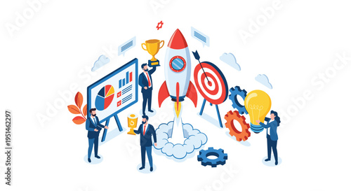 Business startup launch concept with team working around a rocket ship surrounded by data charts and creative gear icons.