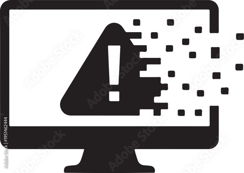 Black computer monitor with exclamation mark and glitch