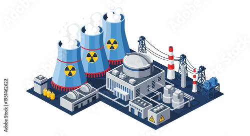 Isometric illustration depicts a nuclear power plant with cooling towers and warning signs a striking silhouette high quality professional detailed modern