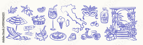 Hand drawn Mediterranean travel doodle set with Italy inspired summer symbols, food, drinks, coastal objects and architectural elements. Monochrome sketch collection for postcards, prints, packaging 