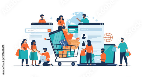 E-commerce and Online Shopping Concept with Diverse Consumers, Mobile Devices, Global Retail, and Digital Marketing