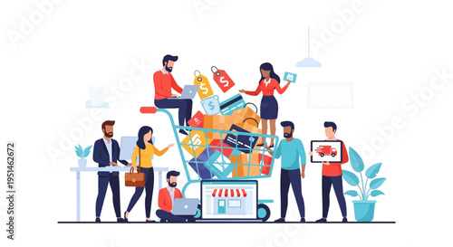 Digital Retail Experience: Diverse Team Engaged in Online Shopping, Sales, Payment, and Delivery