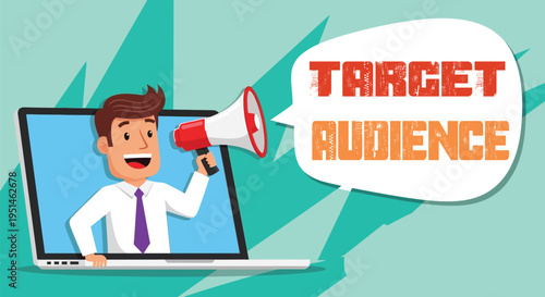 Businessman with megaphone on laptop screen targeting audience effectively online