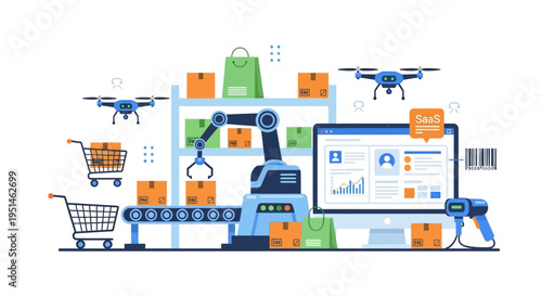E-commerce Logistics Automation: Smart Warehouse with Robotic Arm, Drones, Conveyor, and SaaS for Supply Chain Efficiency.