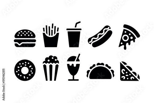 Fast food cartoon icons including burger fries pizza hot dog taco donut sandwich editable vector clipart