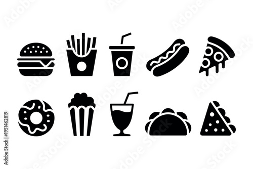 Cartoon fast food icon set with burger fries pizza hot dog taco donut sandwich vector illustration