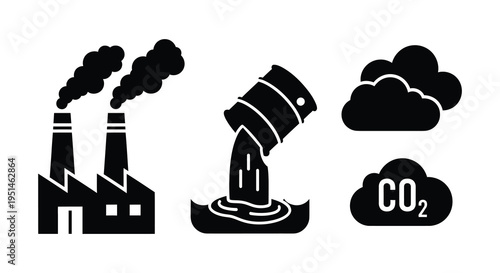 Industrial pollution scene depicting factories oil spill and carbon dioxide emissions in a stark silhouette high quality professional detailed modern elegant