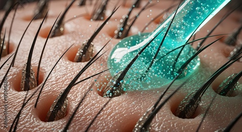 Close up of a scalp treatment with a blue gel or serum being applied to promote hair growth and scalp health