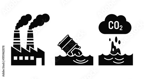 Industrial pollution impacts including factory emissions oil spills and rising carbon dioxide levels presented as a silhouette high quality professional detailed