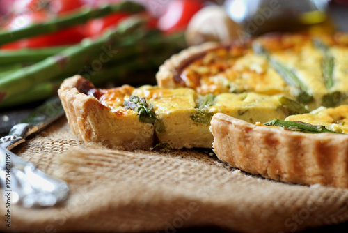 Delicious homemade asparagus quiche. Selective focus.

