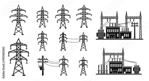 Electrical Power Transmission Towers and Substations Silhouette Collection.