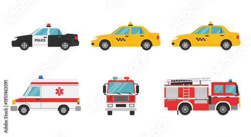 Colorful cartoon illustration depicting a police car taxis ambulance van and fire truck silhouette high quality professional detailed modern elegant stylish