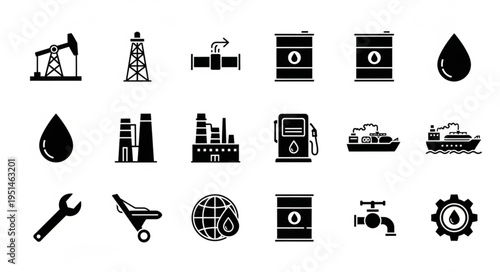 Oil Industry Icons - Pumpjack, Refinery, Barrel, and Global Energy.