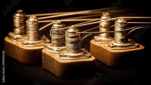 Close-up of gleaming metal guitar strings wound tightly around tuning pegs on a wooden instrument