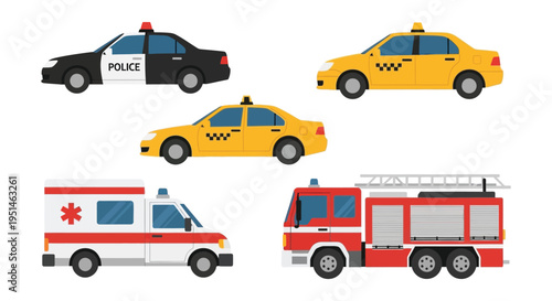 A colorful illustration depicts various emergency and public service vehicles including a police car taxi and ambulance silhouette high quality professional