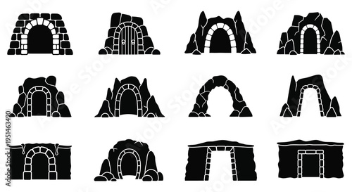 A collection of dark rocky archways and cave entrances depicted in a stark black silhouette high quality professional detailed modern elegant