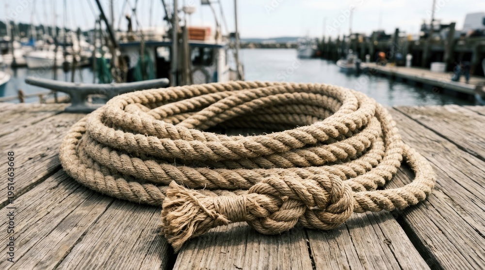 Fototapeta premium A thick, coiled rope rests on a weathered wooden dock. The rope is a natural, light brown color and features a complex knot at its center.