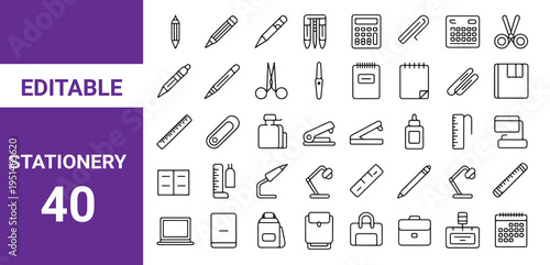 School stationary icon set. Editable line icons. Vector illustration.